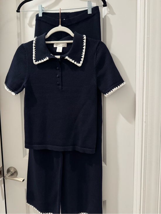 Caroline Constas Pants - Navy Knit Two-Piece Set with White Trim - Polo Collar